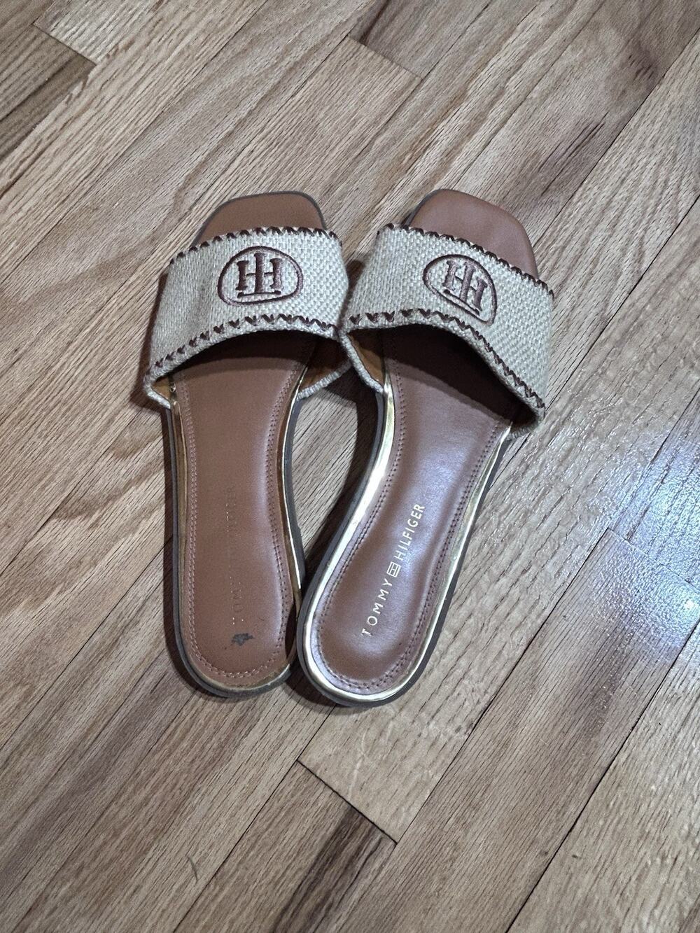 Tommy Hilfiger Womens Beige/Brown Logo Slip On Slide Sandals Size 9.5